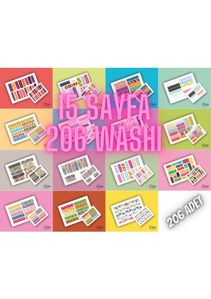 15 Sayfa 206 Adet Washi Tape Etiket Sticker Set (9X13CM 15 Sayfa Toplam 206 Bant) Washı Set