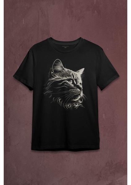 Bıyıklı Kedi Minimal Çizim 3D Efektli Realist Sepya Siyah Baskılı Tişört T-Shirt