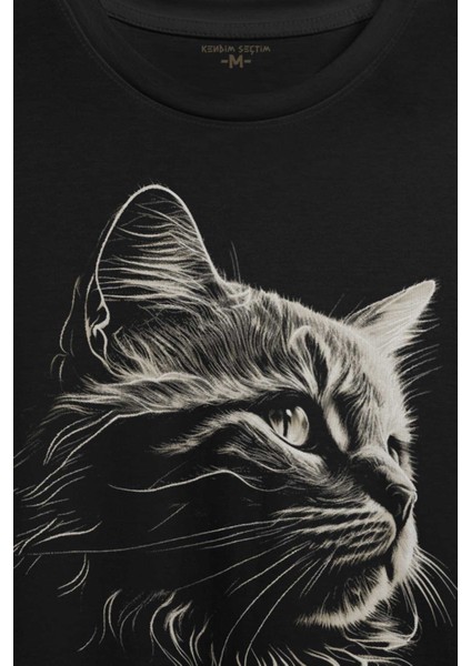 Bıyıklı Kedi Minimal Çizim 3D Efektli Realist Sepya Siyah Baskılı Tişört T-Shirt
