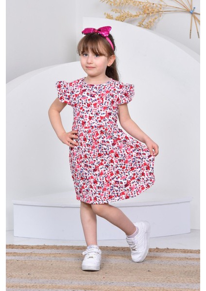 Renkli Kısakol Pamuklu Kız Çocuk Elbisesi