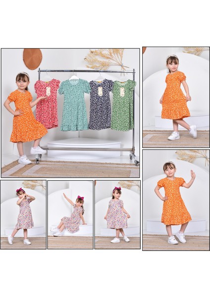 Renkli Kısakol Pamuklu Kız Çocuk Elbisesi fırsatları