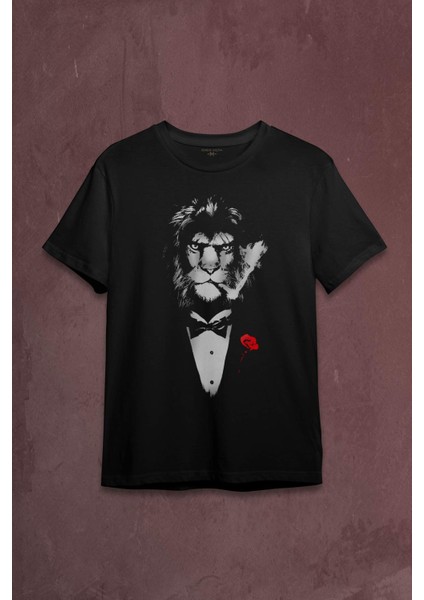 Suit Lion Aslan Takım Elbiseli ve Gül Rose Baskılı Tişört T-Shirt