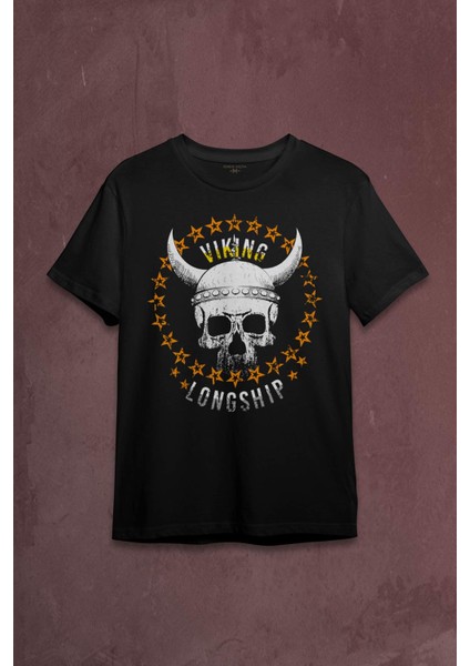 Viking Skull With Circle Of Stars Longship Kuru Kafa Baskılı Tişört T-Shirt