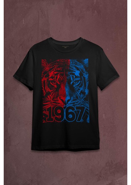 Vahşi Kaplan Kafası Bordo Mavi Trabzon Tiger Baskılı Tişört T-Shirt