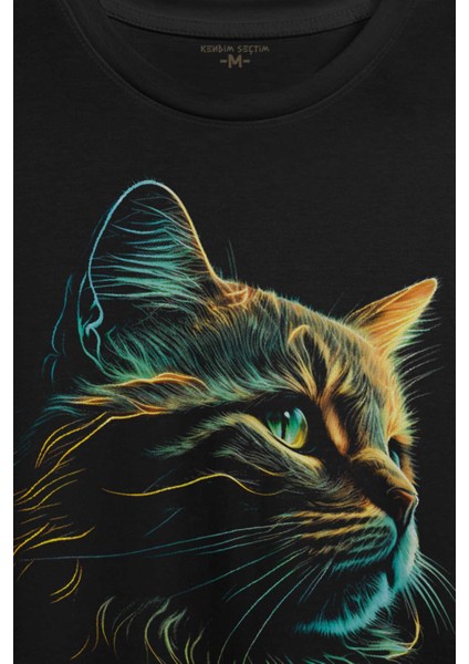 Kendim Seçtim Bıyıklı Kedi Minimal Çizim 3D Efektli Realist Siyah Baskılı Tişört  T-Shirt