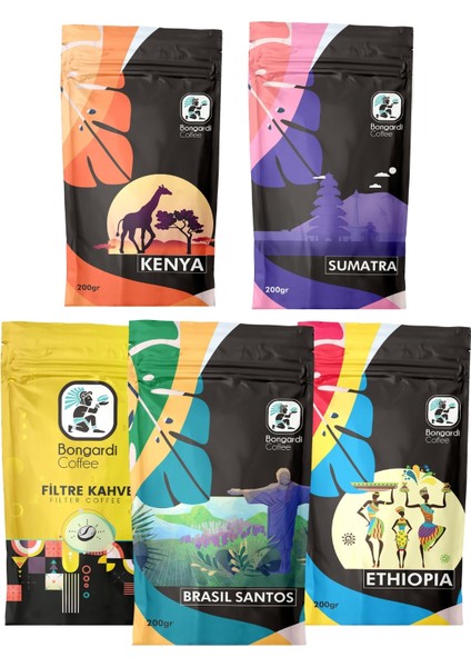 5X200 Gram Sumatra Kenya Santos Etiyopya Intense Blend Filtre Kahve Seti