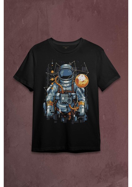 Uzay Gemisinde Yolculuk Eden Astronot Cosmos Göktaşı Baskılı Tişört T-Shirt