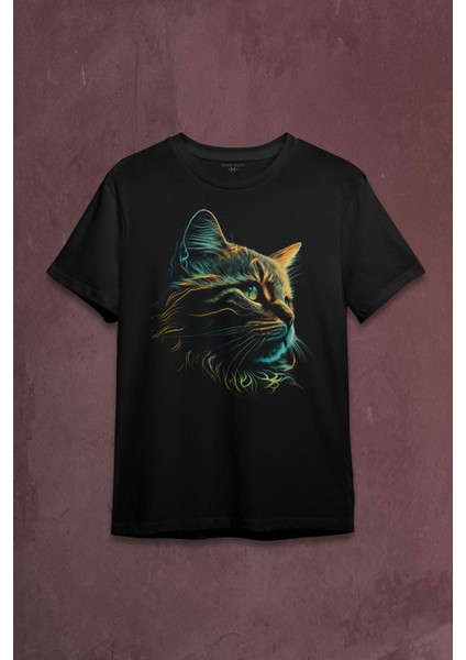 Bıyıklı Kedi Minimal Çizim 3D Efektli Realist Siyah Baskılı Tişört T-Shirt