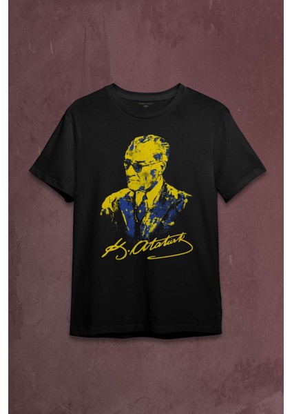 Atatürk Sarı Lacivert Baskılı Tişört T-Shirt