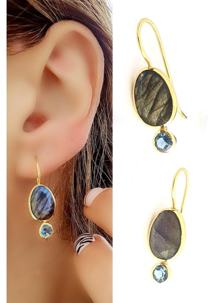 Labrodorite ve Aquamarin Taşlı 925 Ayar Gümüş Üzerine Altın Kaplama Küpe