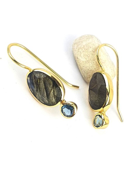 Labrodorite ve Aquamarin Taşlı 925 Ayar Gümüş Üzerine Altın Kaplama Küpe modelleri