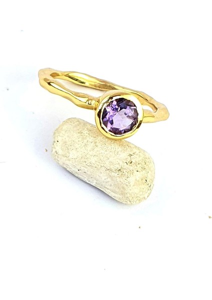 Ametist Taşlı 925AYAR Gümüş Üzerine Altın Kaplama Doğal Taş Yüzük