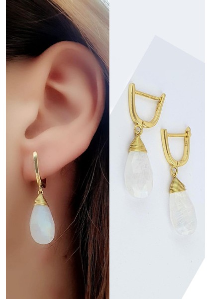 Ay Taşlı 925 Ayar Gümüş Üzerine Altın Kaplama Doğal Taş Küpe