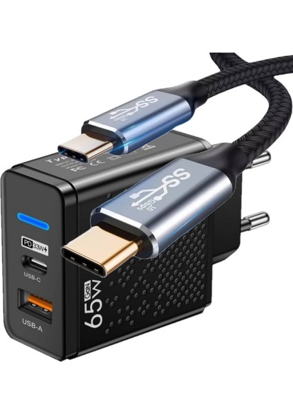 C8 Type-C Girişli 65W Şarj Adaptörü + C4 Type-C To Type-C 5A/100W/10GBPS Şarj Data ve 4K Görüntü Aktarım Kablosu -2mt