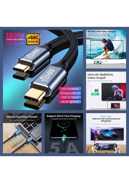 C8 Type-C Girişli 65W Şarj Adaptörü + C4 Type-C To Type-C 5A/100W/10GBPS Şarj Data ve 4K Görüntü Aktarım Kablosu -2mt