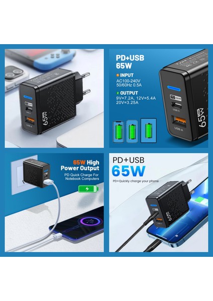 C8 Type-C Girişli 65W Şarj Adaptörü + C9 Type-C To Type-C 5A/100W Şarj Kablosu -2mt