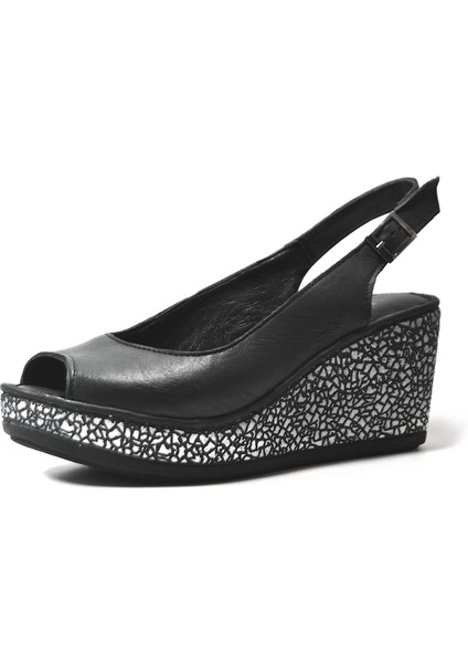 23BY07.2036 Deri Siyah Dolgu Topuklu Anatomik Kadın Sandalet