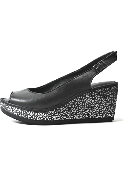 23BY07.2036 Deri Siyah Dolgu Topuklu Anatomik Kadın Sandalet fiyatları