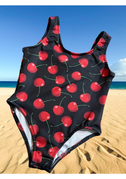 Kız Çocuk Siyah Üzeri Kırmızı Kiraz Baskı Desenli Tek Parça Mayo Son Sezon
