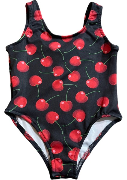 Kız Çocuk Siyah Üzeri Kırmızı Kiraz Baskı Desenli Tek Parça Mayo Son Sezon fiyatları