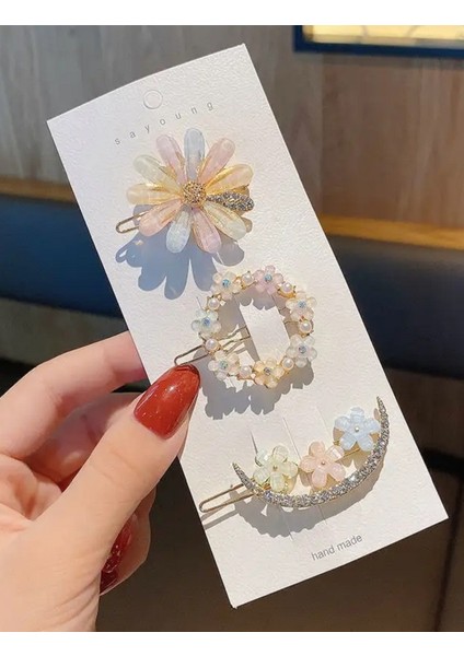 3lü Kalp ve Çiçek Figürlü Zirkon Taşlı Yan Toka Seti