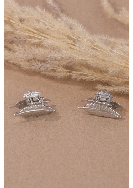 Yaprak Model Gümüş Metal Mandal Toka 2 Adet Küçük Boy