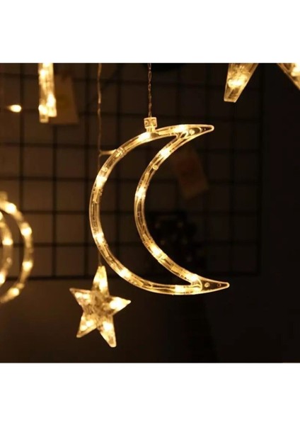 Hilal Ay Perde LED Işık Animasyonlu Eklenebilir Fişli Yıldızlı Saçaklı LED Perde Süsleme