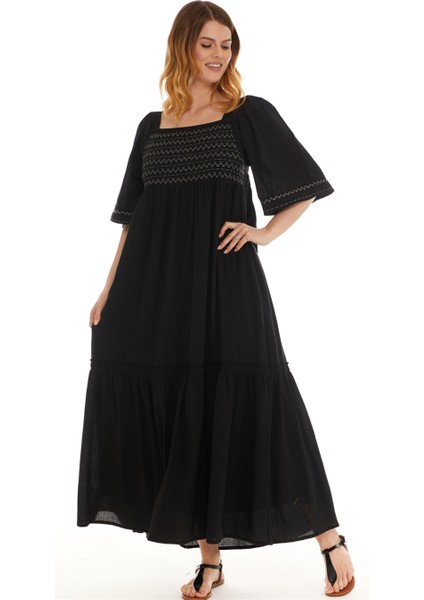 Truvakar Kol Siyah Şile Bezi Uzun Elbise