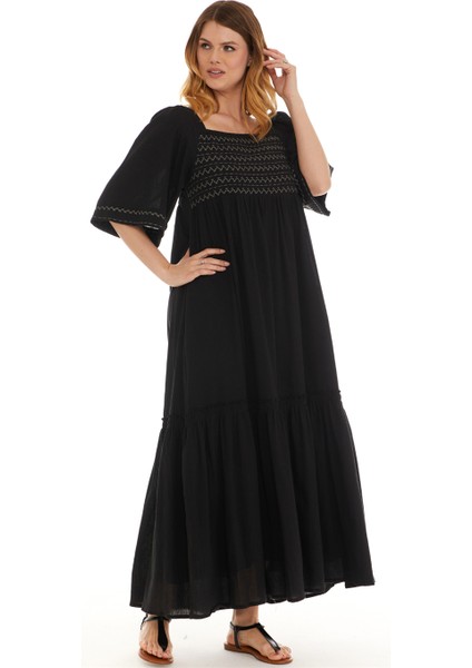 Truvakar Kol Siyah Şile Bezi Uzun Elbise modelleri