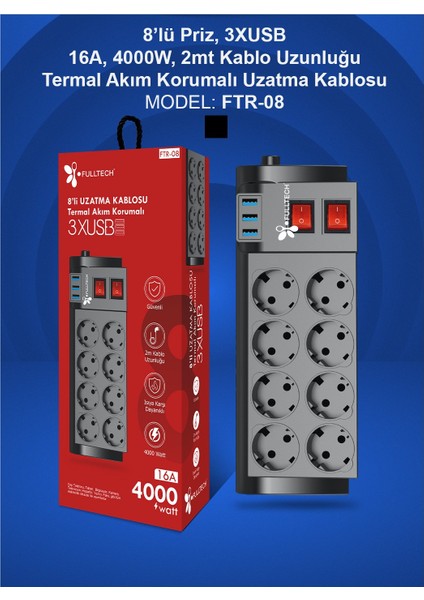 Fulltech Ftr-08 8 Li Termal Akım Korumalı 3 USB Li Priz