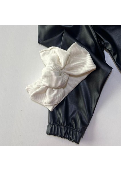 Kız Çocuk, Siyah Deri Fiyonk Detaylı Pantolon, Krem Omuzu Fırfırlı Badi ve Saç Bandı Takımı