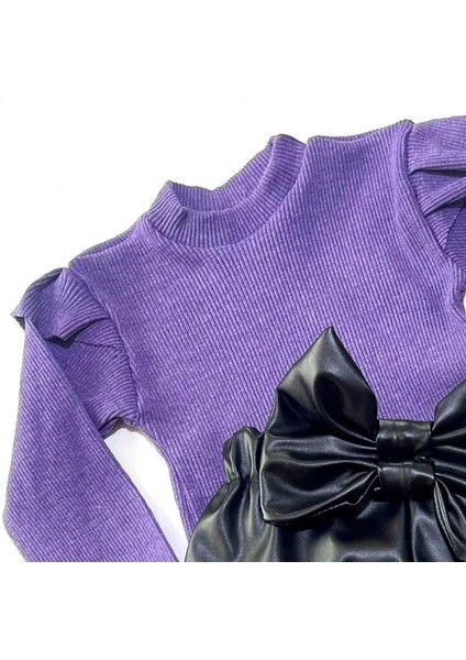 Kız Çocuk, Siyah Deri Fiyonk Detaylı Pantolon, Mor Omuzu Fırfırlı Badi ve Saç Bandı Takımı. fiyatları