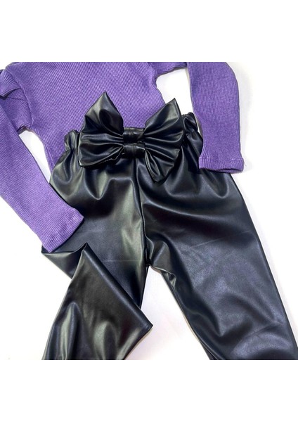 Kız Çocuk, Siyah Deri Fiyonk Detaylı Pantolon, Mor Omuzu Fırfırlı Badi ve Saç Bandı Takımı. modelleri