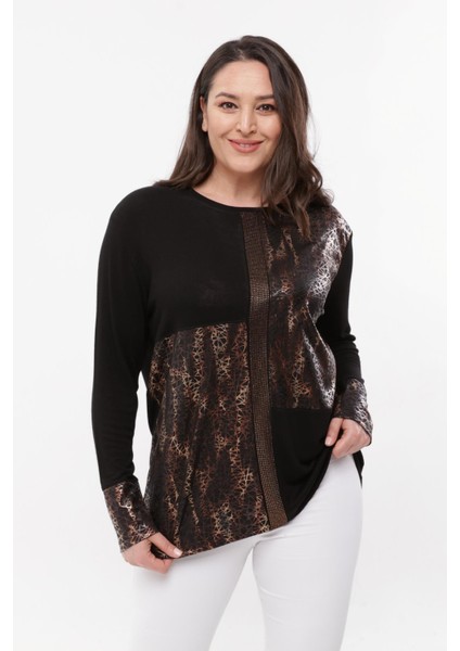 Kadın Büyük Beden Taş ve Deri Baskı Detaylı Siyah Bluz