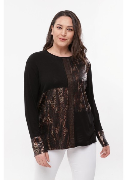 Kadın Büyük Beden Taş ve Deri Baskı Detaylı Siyah Bluz fiyatları
