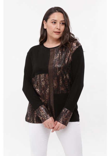 Kadın Büyük Beden Taş ve Deri Baskı Detaylı Siyah Bluz modelleri