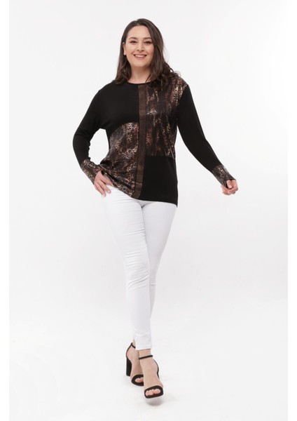 Kadın Büyük Beden Taş ve Deri Baskı Detaylı Siyah Bluz fırsatları