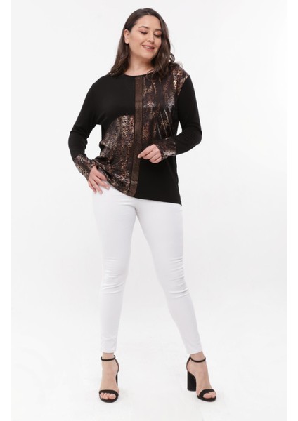 Kadın Büyük Beden Taş ve Deri Baskı Detaylı Siyah Bluz indirimleri