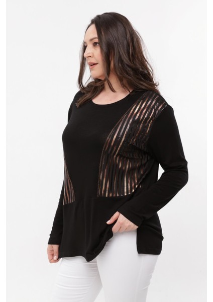 Kadın Büyük Beden Bakır Deri Görünümlü Siyah Bluz