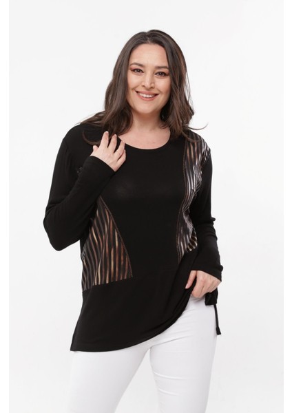 Kadın Büyük Beden Bakır Deri Görünümlü Siyah Bluz fiyatları