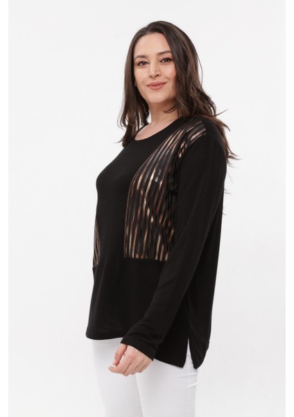 Kadın Büyük Beden Bakır Deri Görünümlü Siyah Bluz modelleri