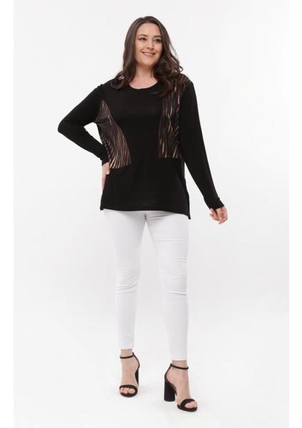 Kadın Büyük Beden Bakır Deri Görünümlü Siyah Bluz fırsatları