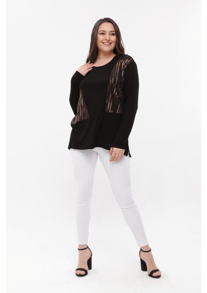 Kadın Büyük Beden Bakır Deri Görünümlü Siyah Bluz indirimleri