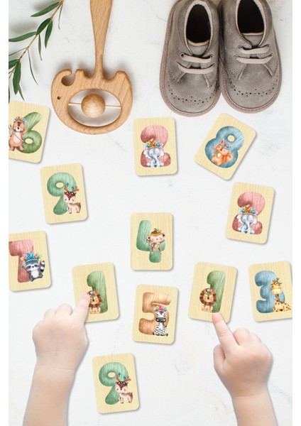Hayvanlar ve Sayılar Ahşap Eşleştirme Kartları Hafıza Zeka Oyunu Ahşap Eğitici Puzzle Montessori, Waldorf, Reggio Emilia Modellerine Uygun