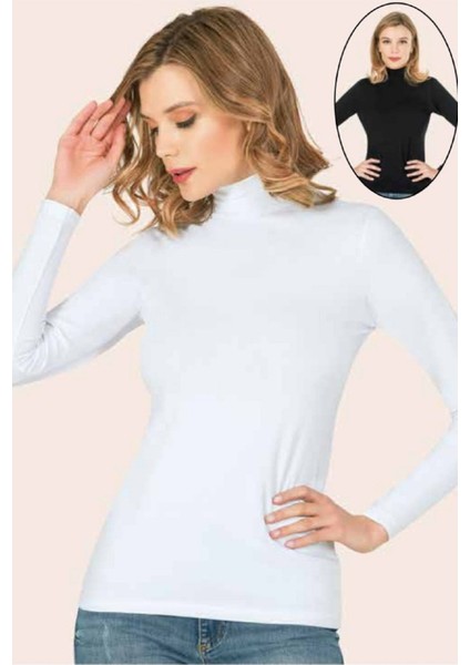 3 Adet, Balıkçı Yaka Uzun Kol T-Shirt %92 Cotton %8 Lycra Beyaz