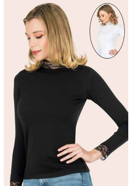 10 Adet, Dantel Detaylı Balıkçı Yaka Uzun Kollu T-Shirt %92 Pamuk, %8 Elastan Beyaz