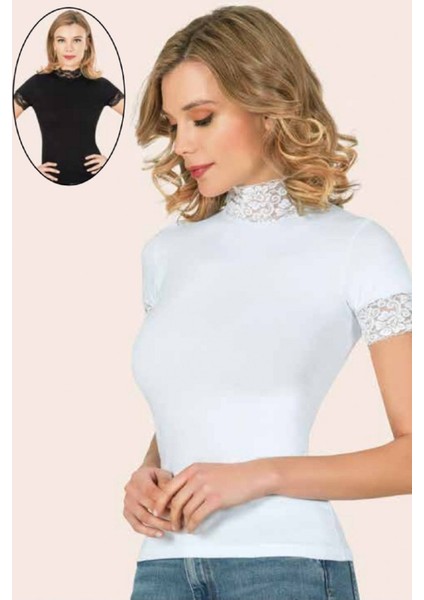 5 Adet, Dantelli Güpürlü Balıkçı Yaka T-Shirt %92 Pamuk %8 Likra Beyaz