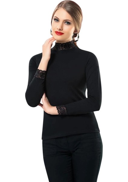 3 Adet, Dantel Detaylı Balıkçı Yaka Uzun Kollu T-Shirt %92 Pamuk, %8 Elastan Siyah modelleri