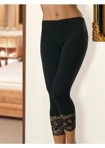 5 Adet, Dantelli Kadın Kapri Tayt %92 Pamuk, %8 Elastan Siyah