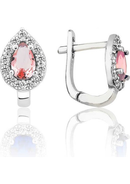 Gümüş Pembe Taşlı Damla J Kadın Küpe